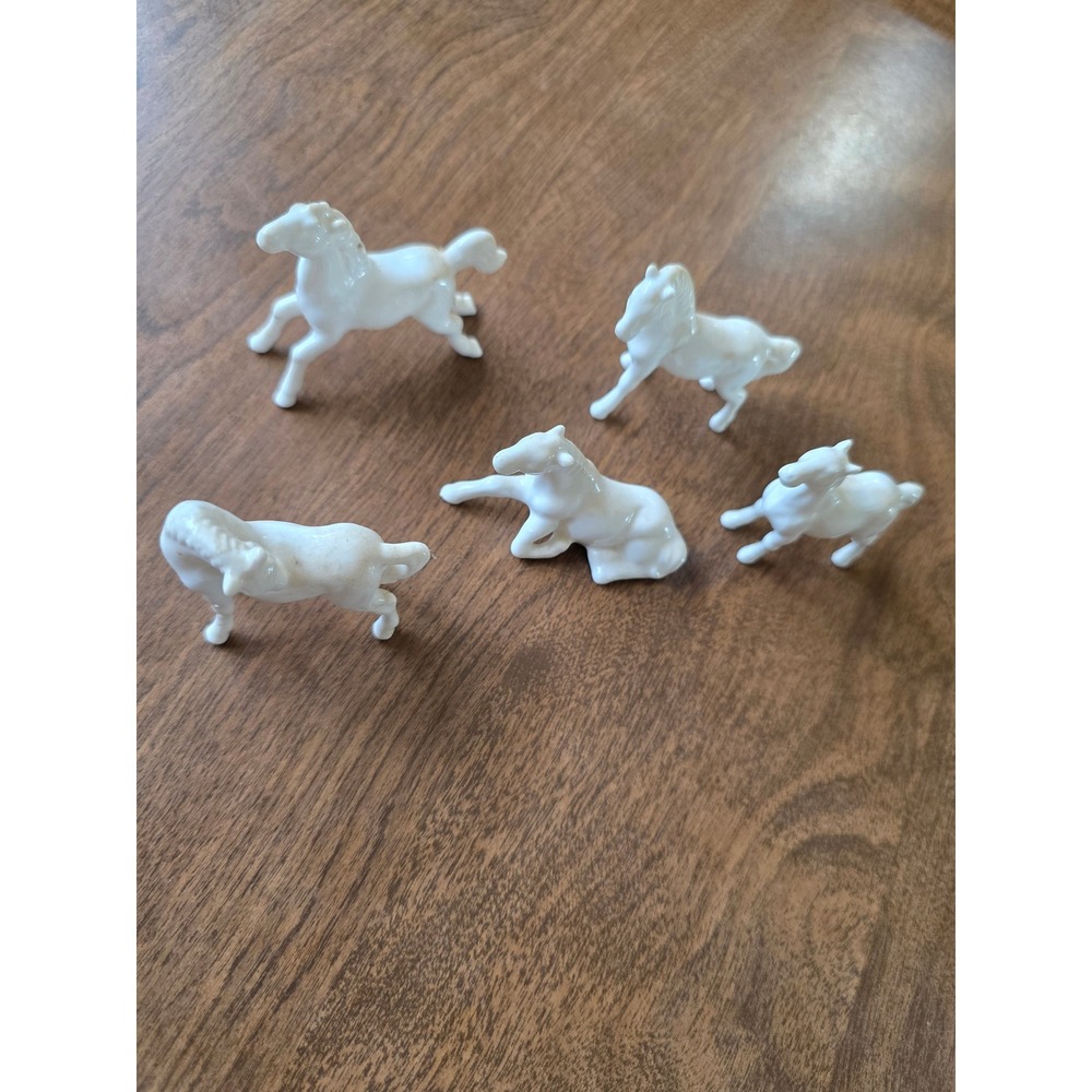 Vintage White Porcelain Miniature Horse Figurines Set of 5 Equestrian Decor